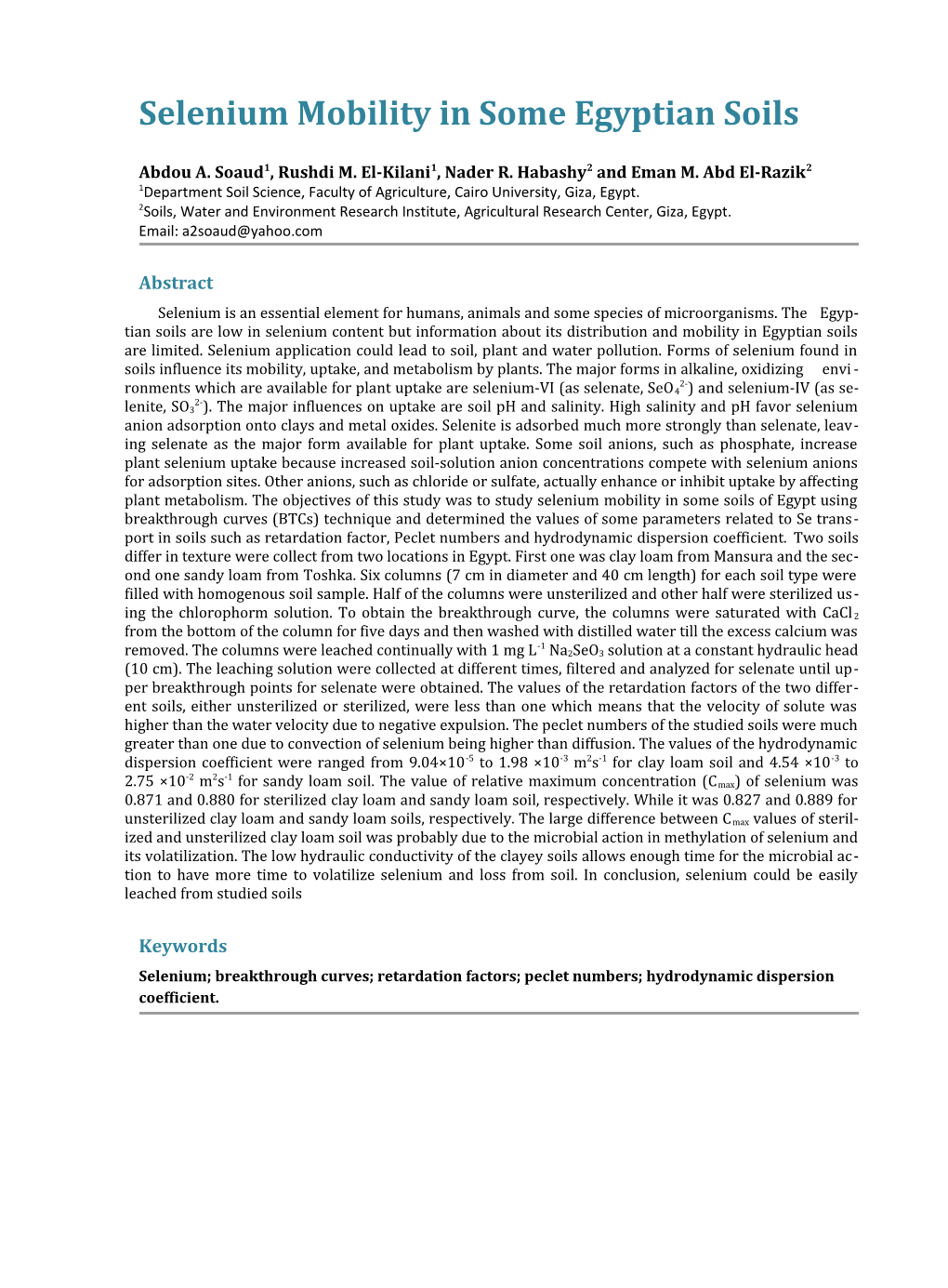 Selenium Mobility in Some Egyptian Soils