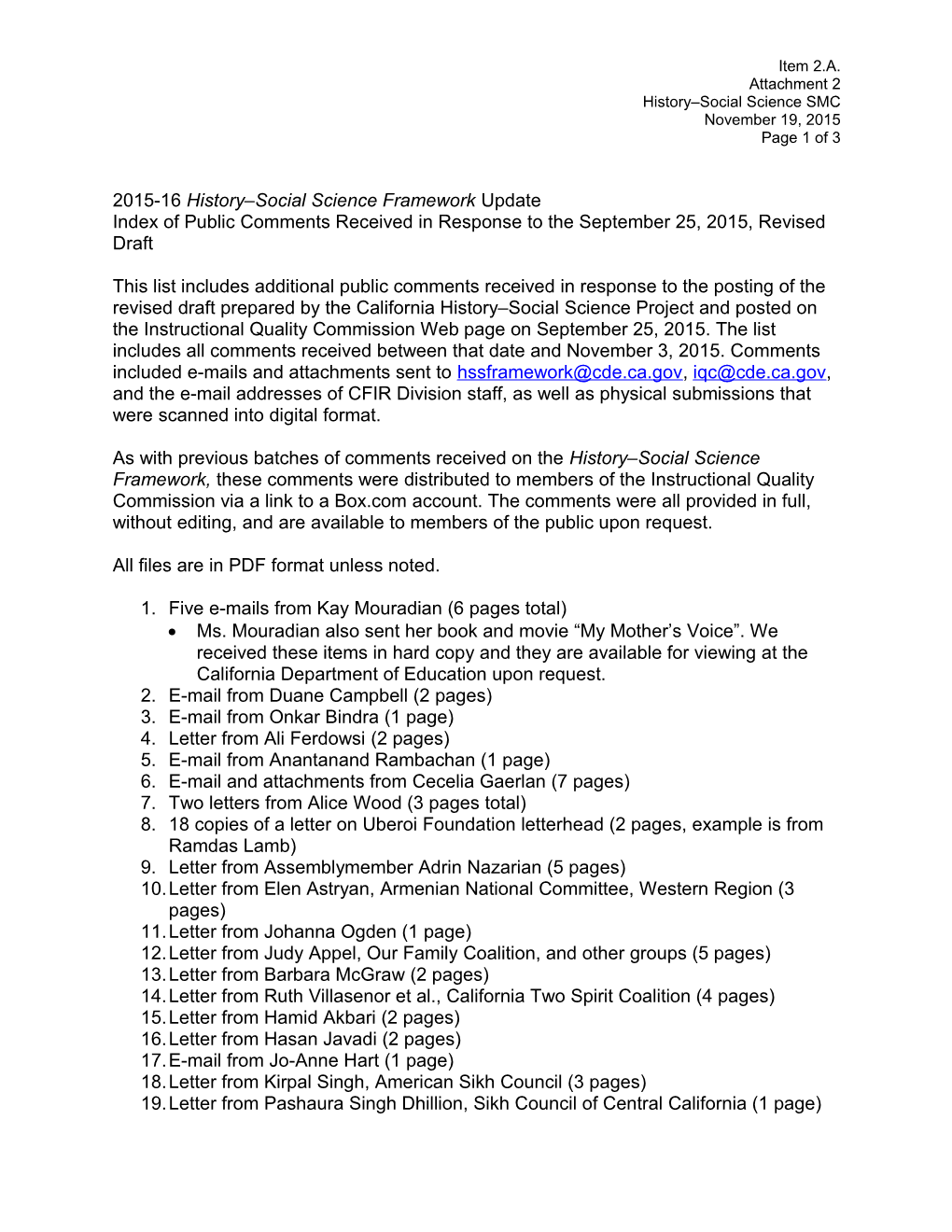 2015-2016 History-Social Science Public Comment - Curriculum Frameworks (CA Dept of Education)