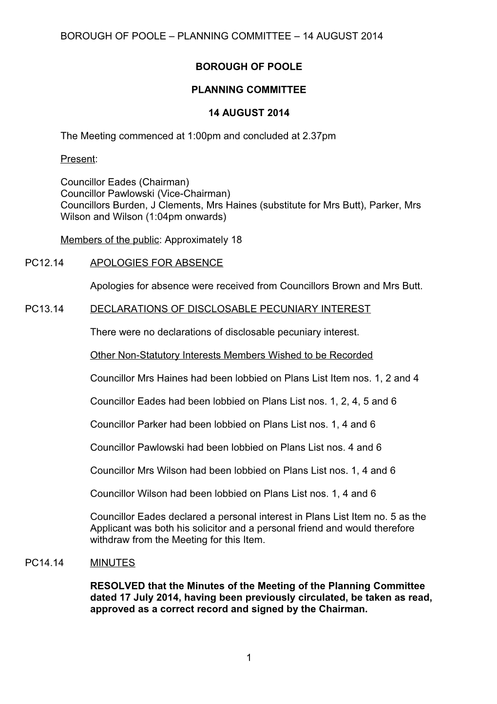 Borough of Poole Planning Committee 14 August 2014