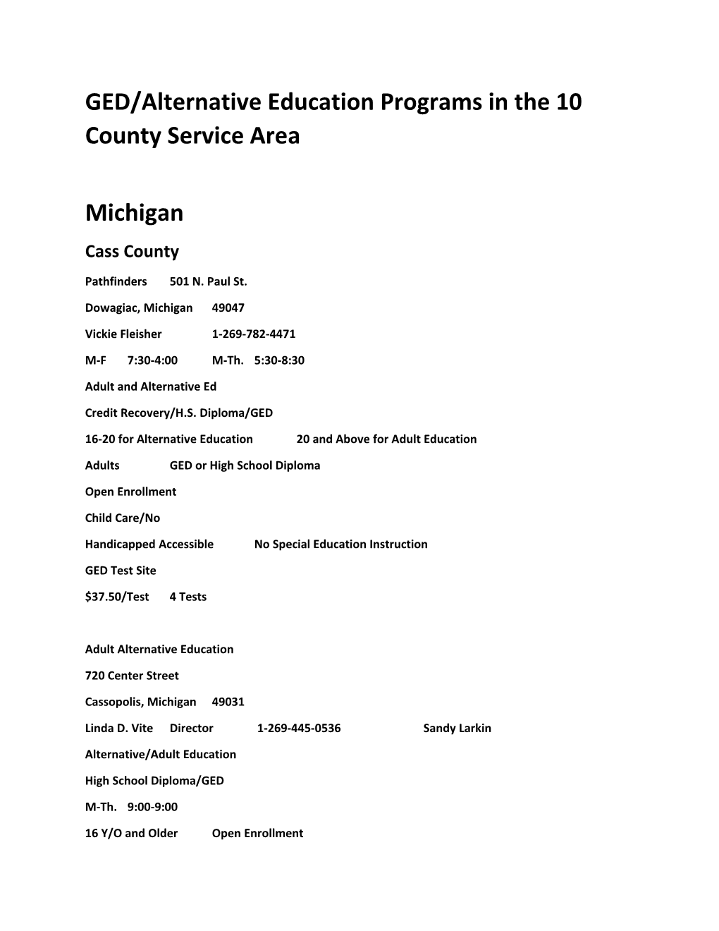 GED/Alternative Education Programs Inthe 10 County Service Area