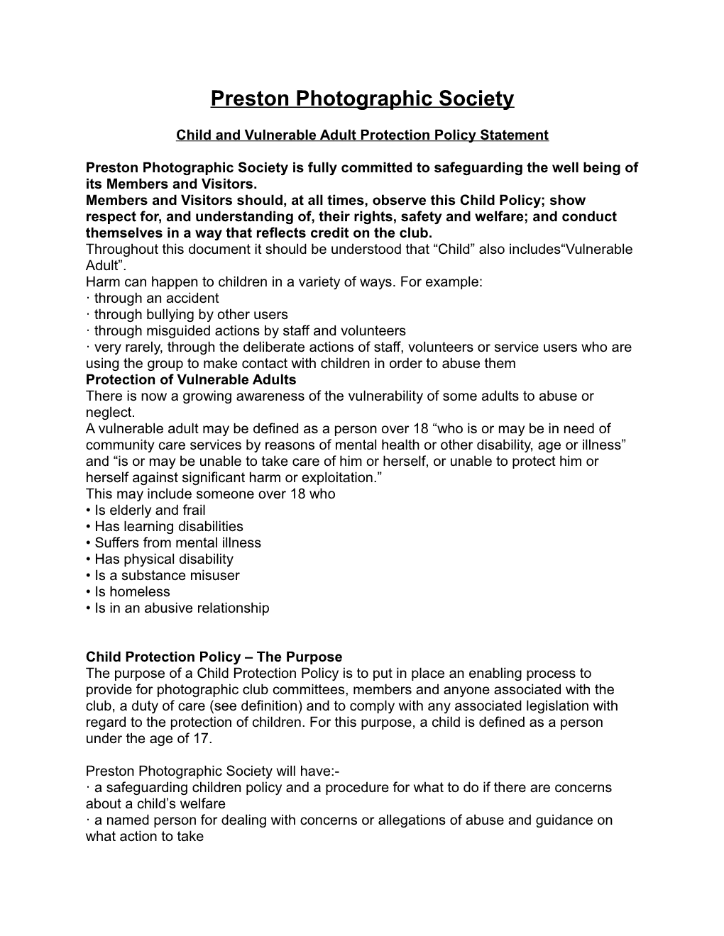 Child and Vulnerable Adult Protection Policy Statement
