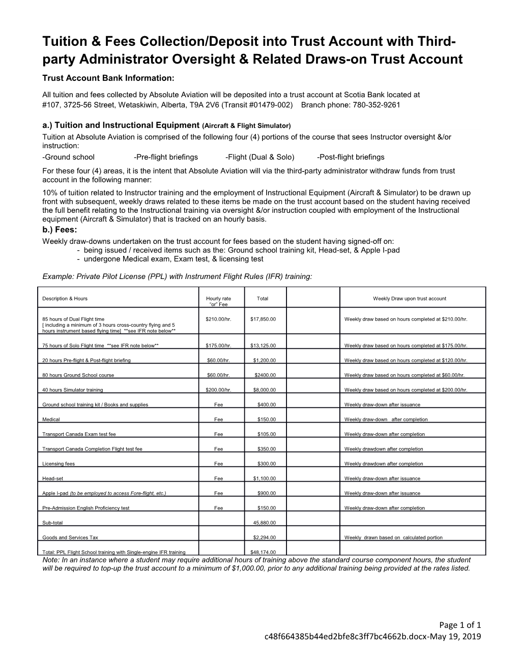 Trust Account Bank Information