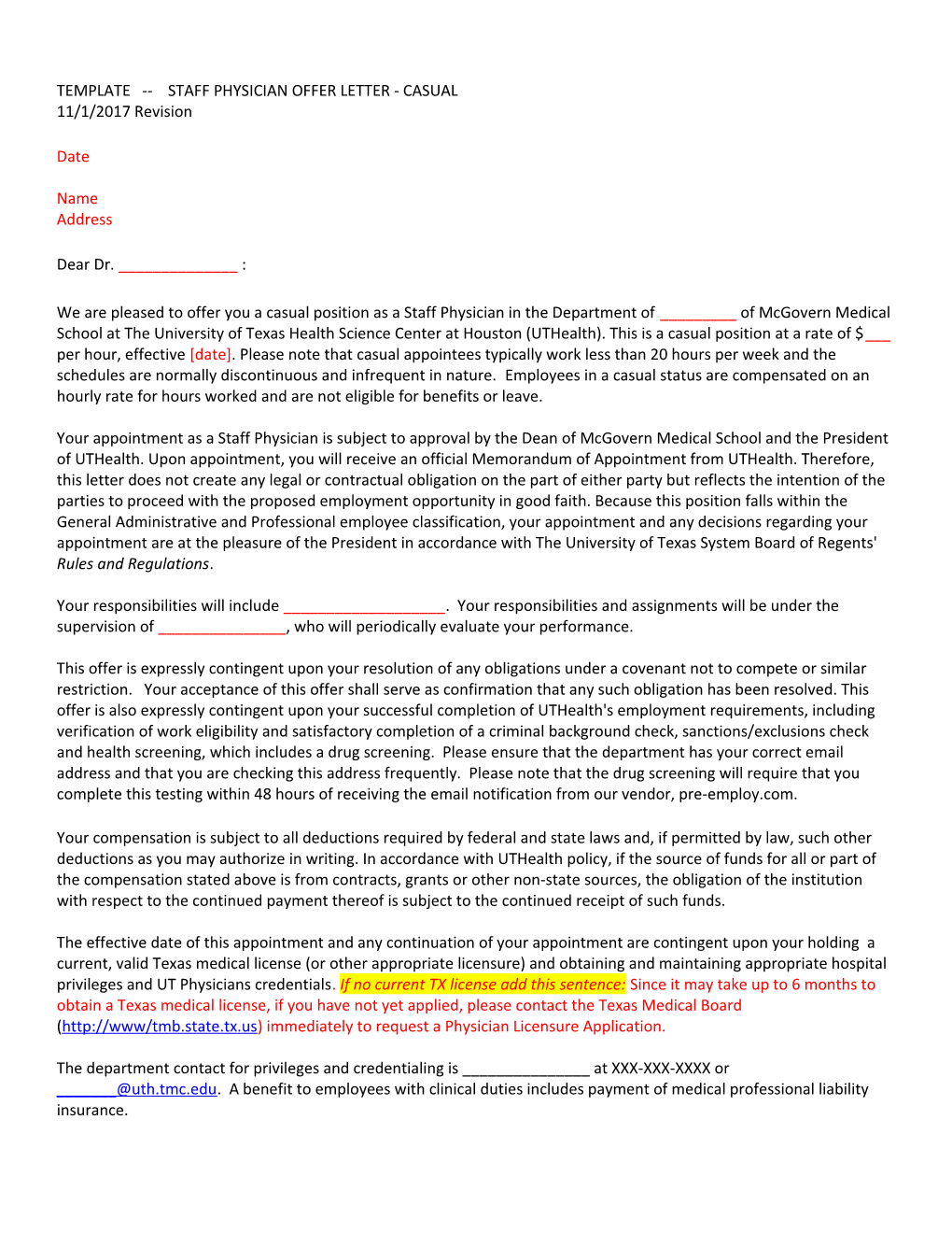 Template Staff Physician Offer Letter - Casual