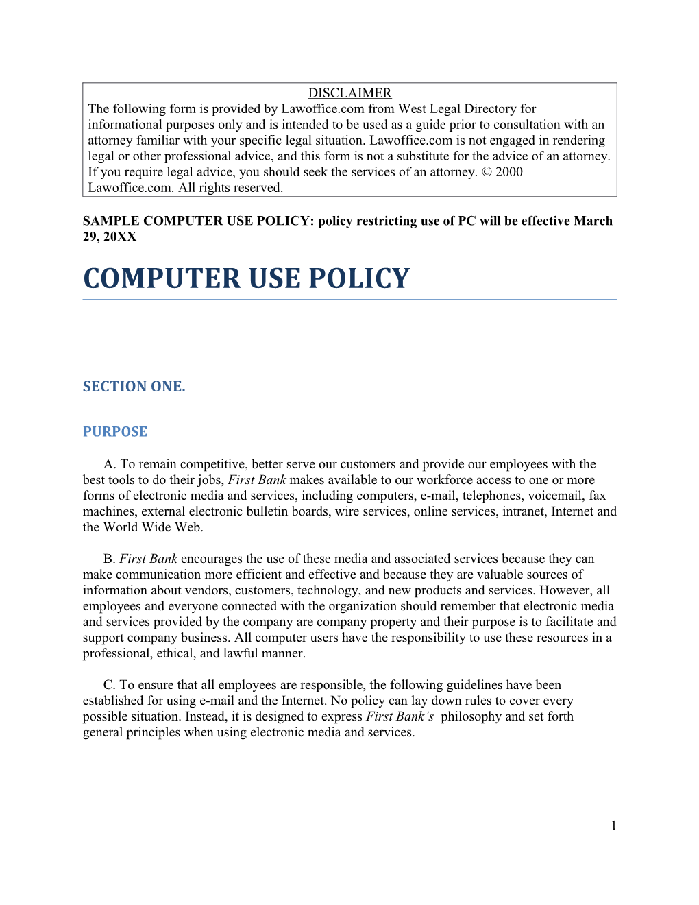 SAMPLE COMPUTER USE POLICY: Policy Restricting Use of PC Will Be Effective March 29, 20XX