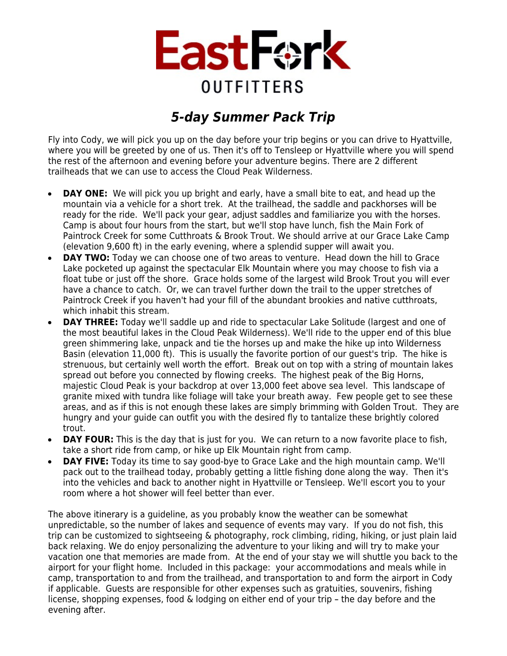 Summer Itinerary Six Day Pack Trip