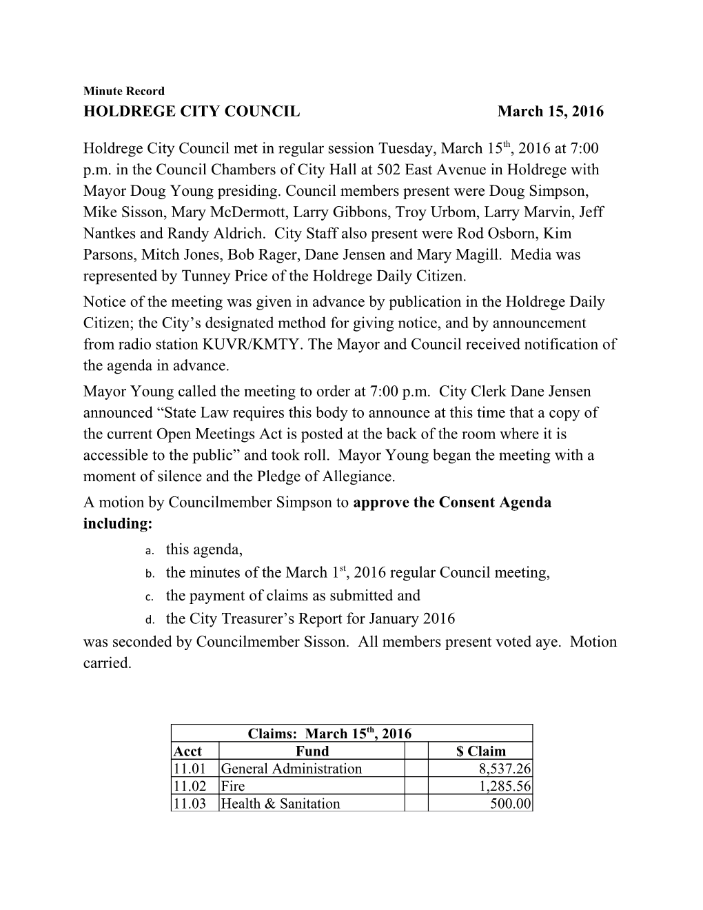 HOLDREGE CITY COUNCIL March 15, 2016