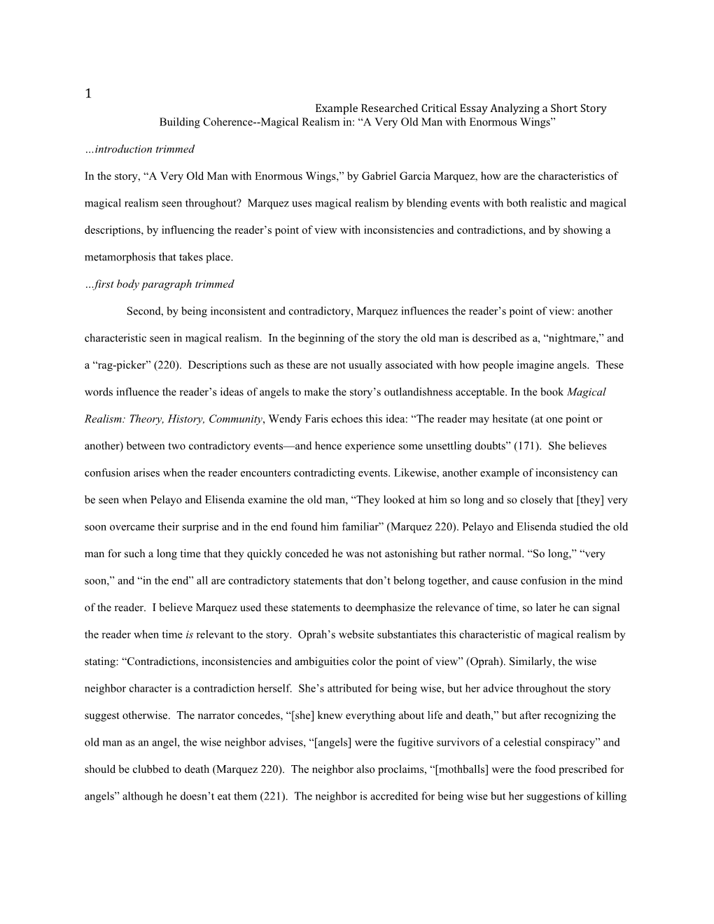 Example Researched Critical Essay Analyzing a Short Story