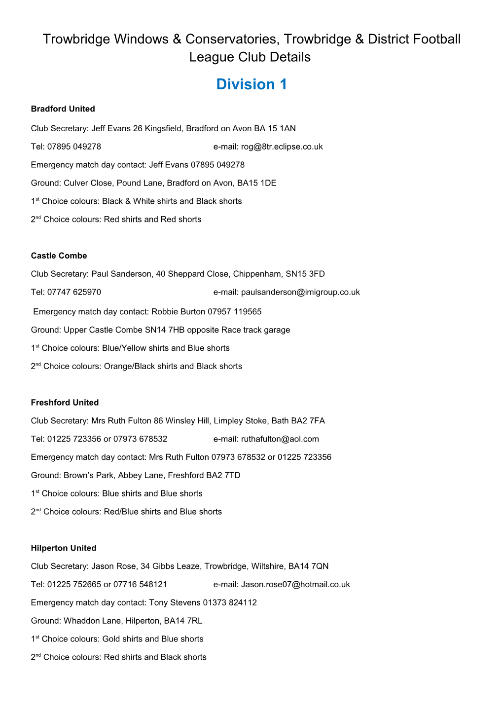 Trowbridge Windows & Conservatories, Trowbridge & District Football League Club Details
