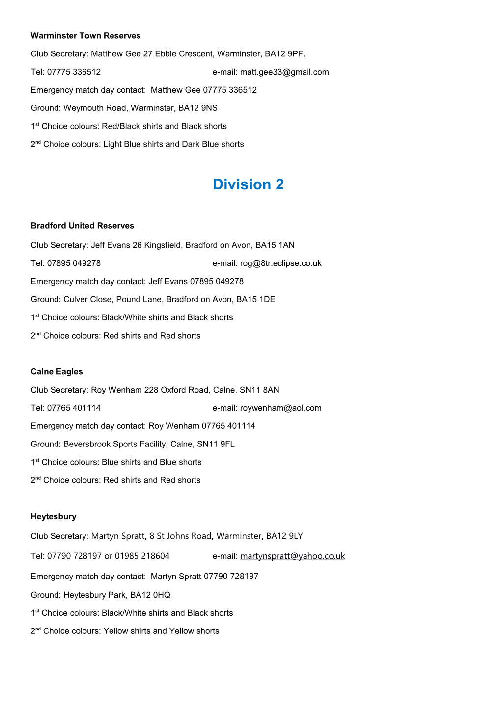 Trowbridge Windows & Conservatories, Trowbridge & District Football League Club Details