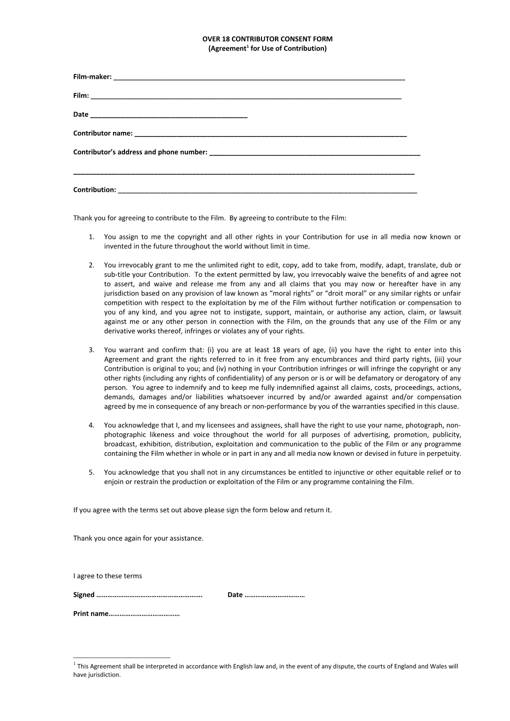 Standard Contributor Consent Form (With No Fee)