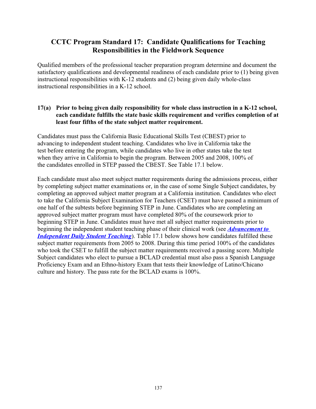 Program Standard 17: Candidate Qualifications for Teaching Responsibilities in the Fieldwork