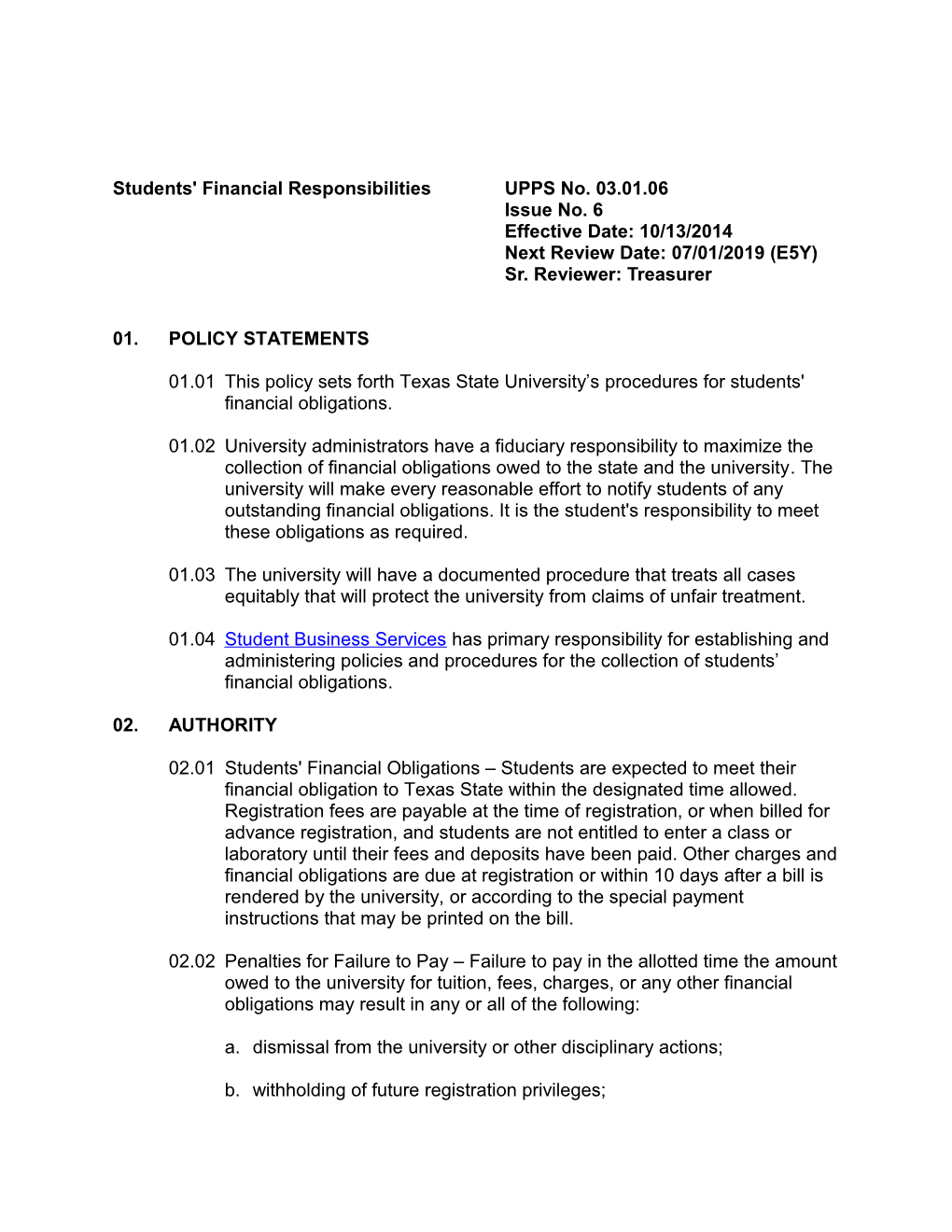 Students' Financial Responsibilitiesupps No. 03.01.06