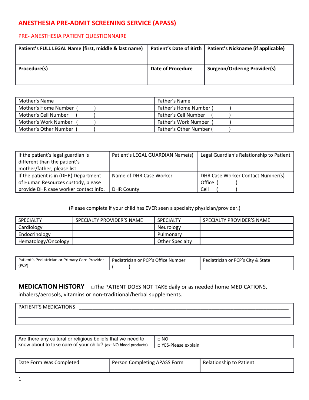 Anesthesia Pre-Admit Screening Service (Apass)