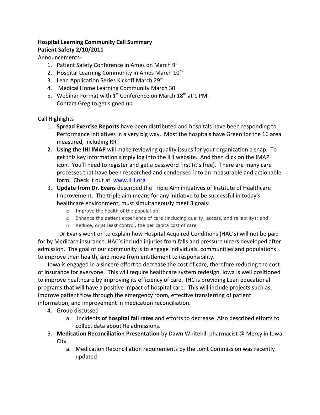 Hospital Learning Community Call Summary Patient Safety 2/10/2011