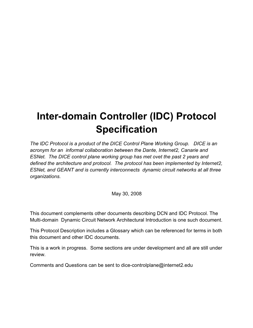 Inter-Domain Controller (IDC) Protocol Specification