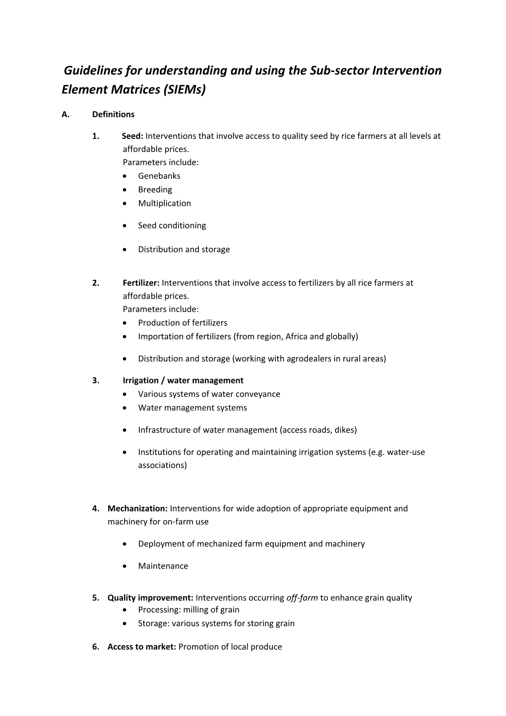 Guidelines for Understanding and Using the Sub-Sector Intervention Element Matrices (Siems)