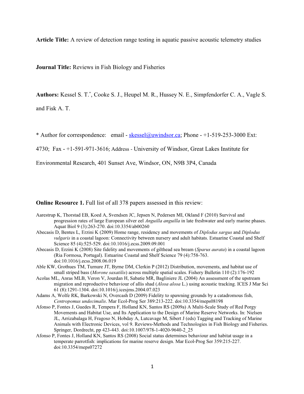 Article Title: a Review of Detection Range Testing in Aquatic Passive Acoustic Telemetry Studies