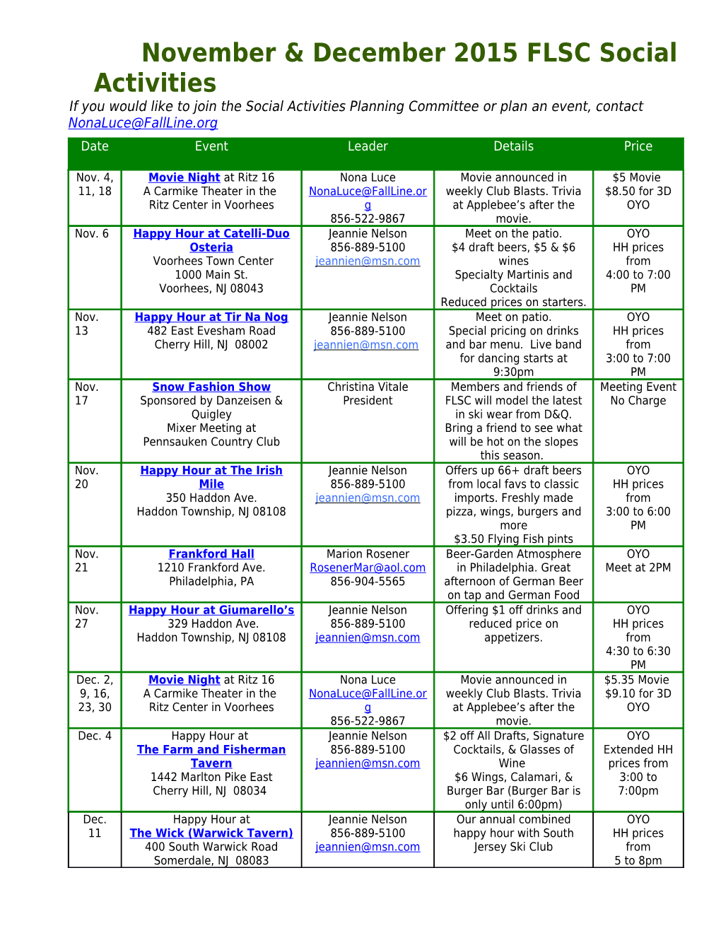 November & December 2015 FLSC Social Activities