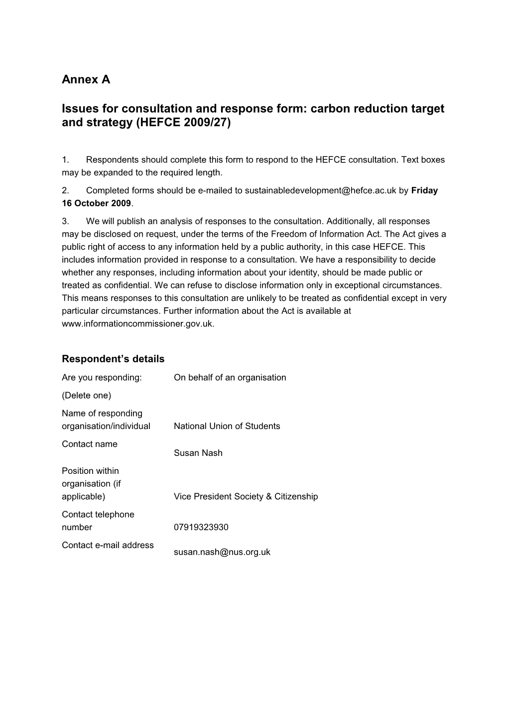 Issues for Consultation and Response Form: Carbon Reduction Target and Strategy (HEFCE 2009/27)