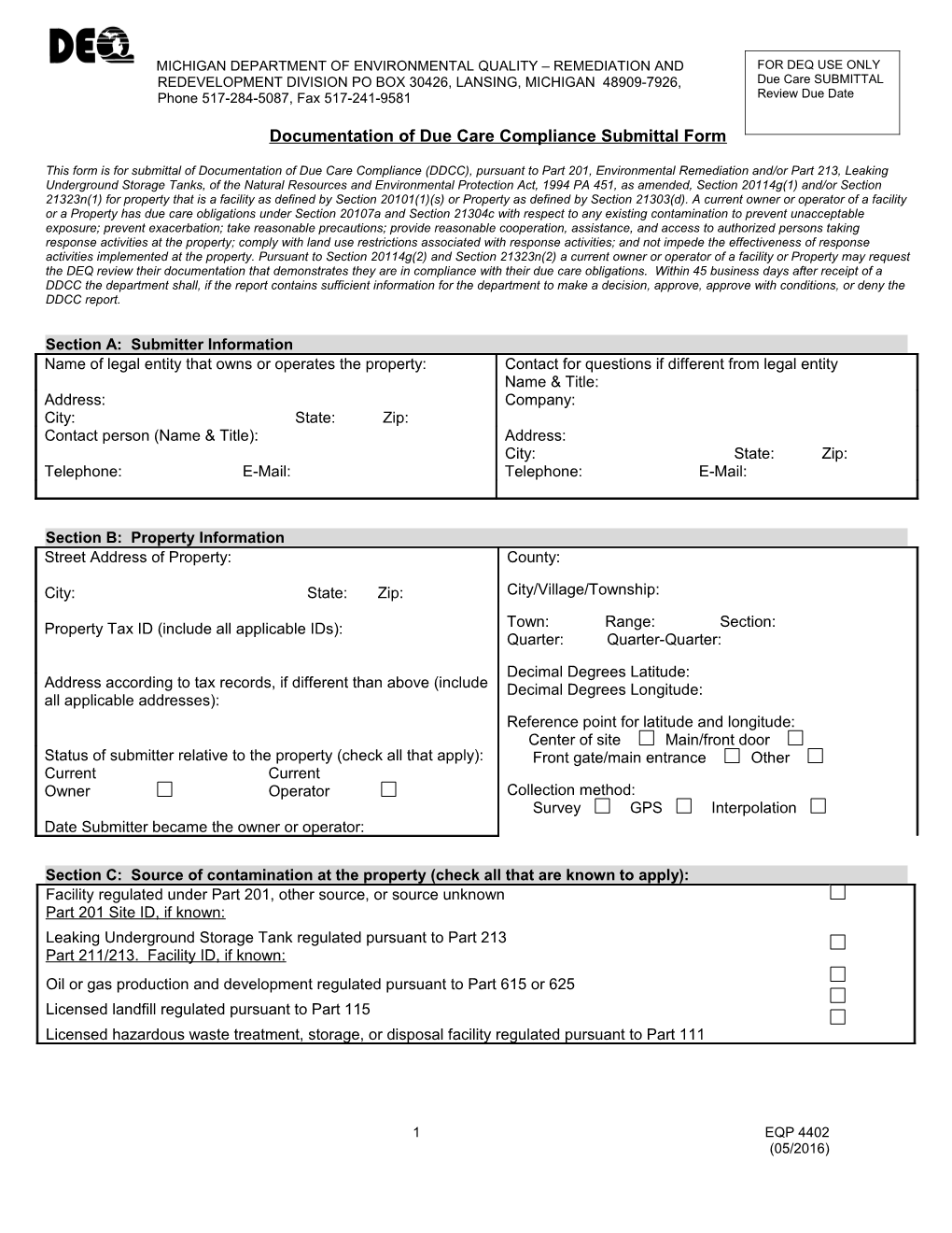 Documentation of Due Care Compliance Submittal Form EQP 4402