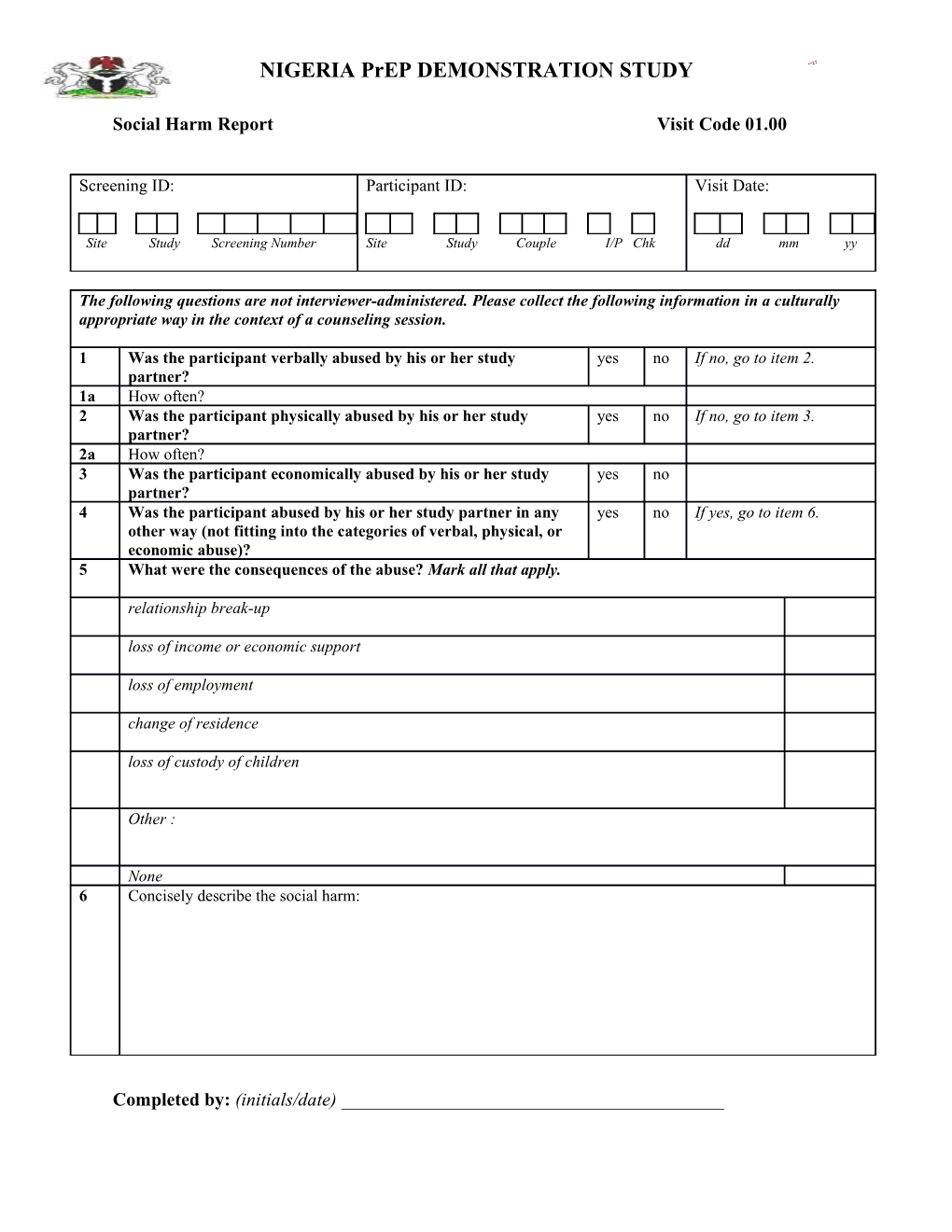 Social Harm Report Visit Code 01.00