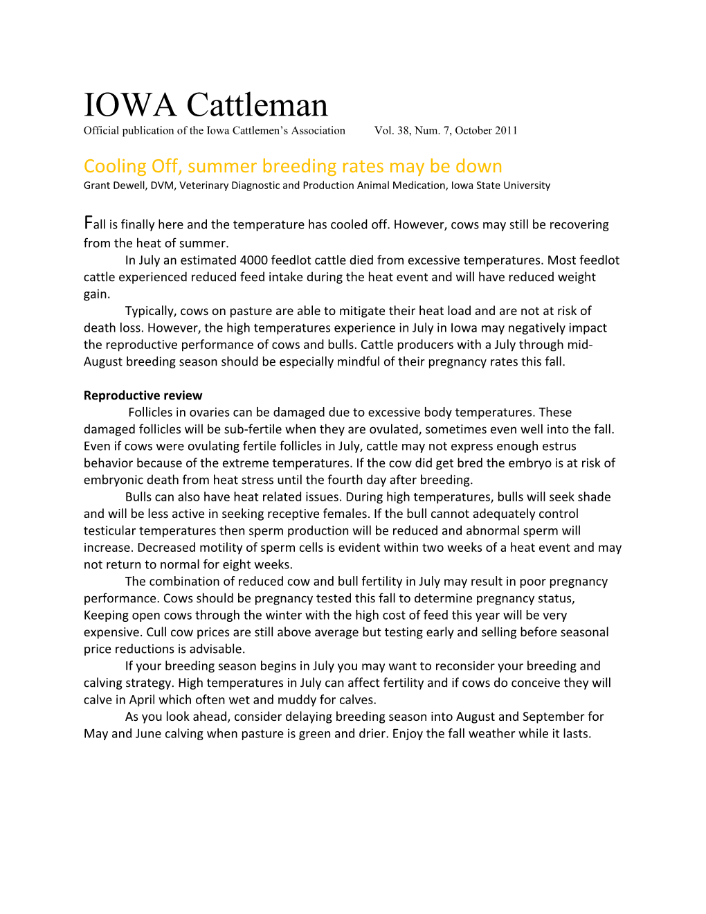 Official Publication of the Iowa Cattlemen S Association Vol. 38, Num. 7, October 2011