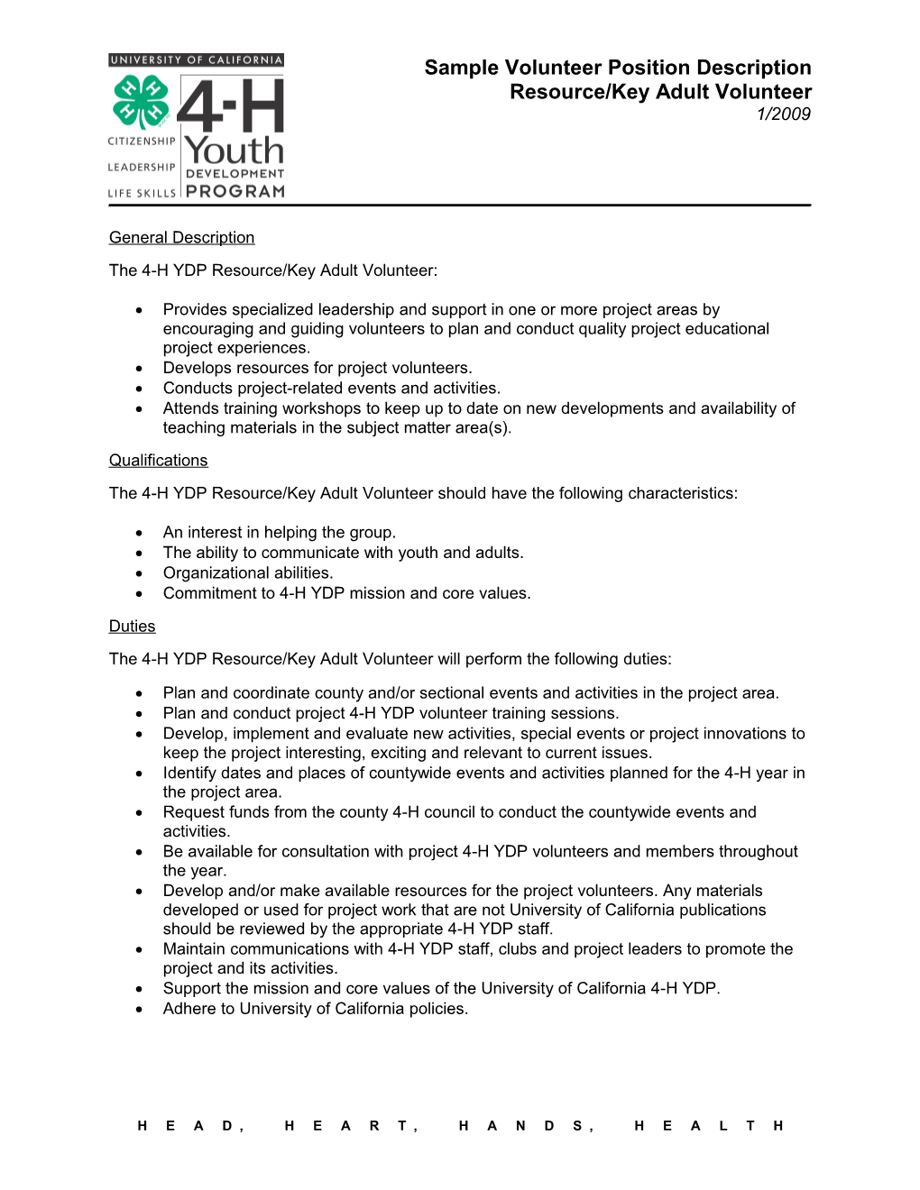 The 4H YDP Resource/Key Adult Volunteer
