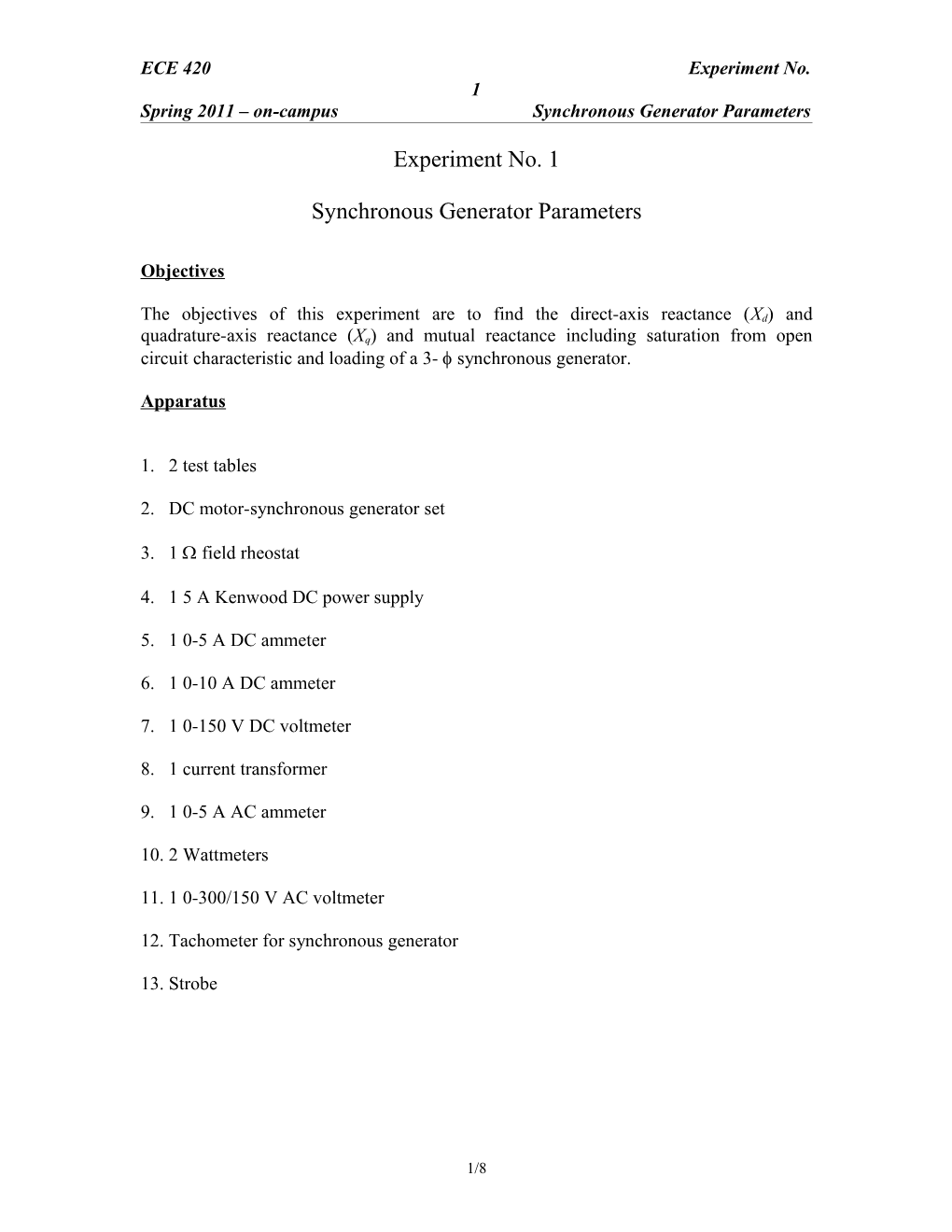 Spring 2011 On-Campus Synchronous Generator Parameters