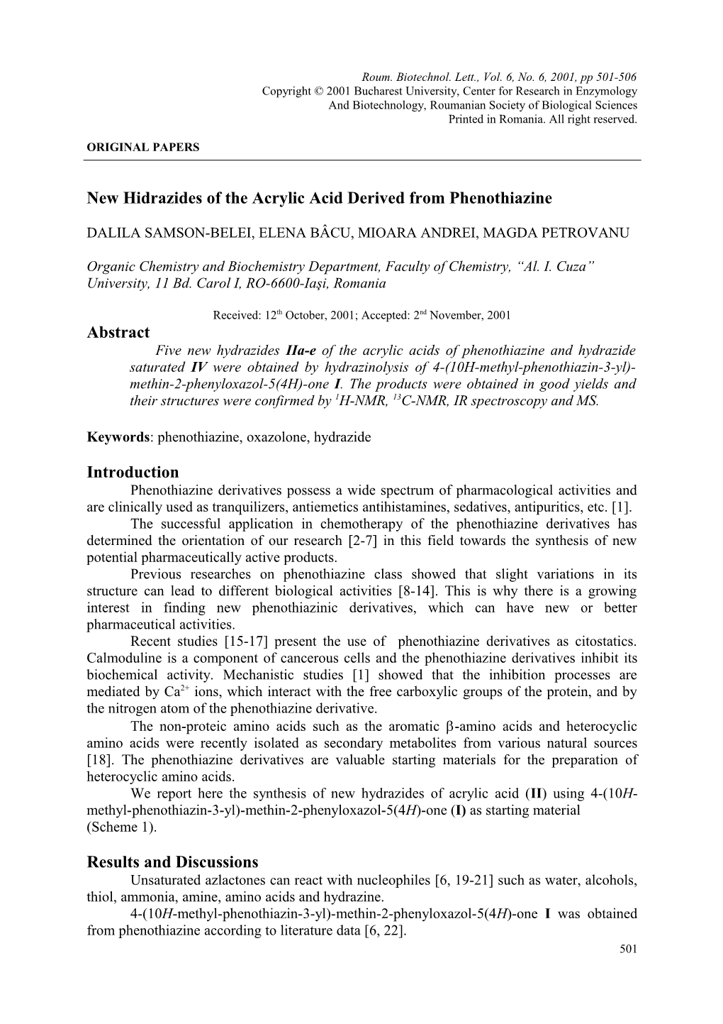 New Hidrazides of the Acrylic Acid Derived from Phenothiazine