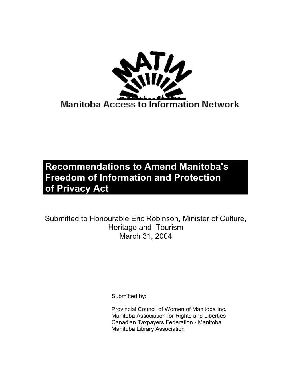 Recommendations to Amend Manitoba's Freedom of Information and Protection