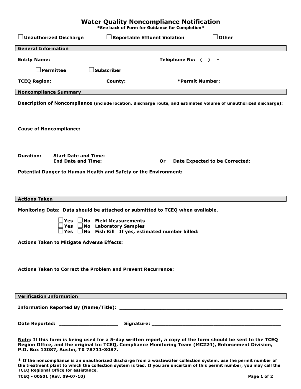 Guidance - Water Quality Noncompliance Notification Form