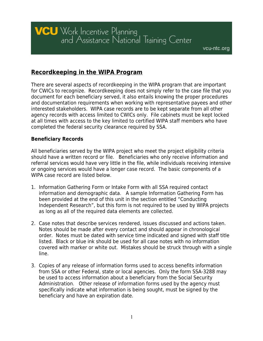 Recordkeeping in the WIPA Program