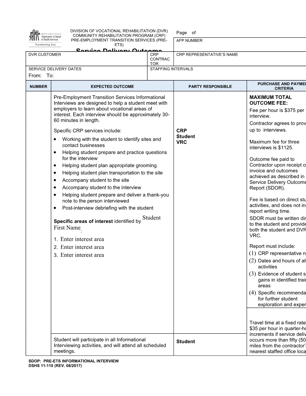 Service Delivery Outcome Plan: Pre-ETS Informational Interview