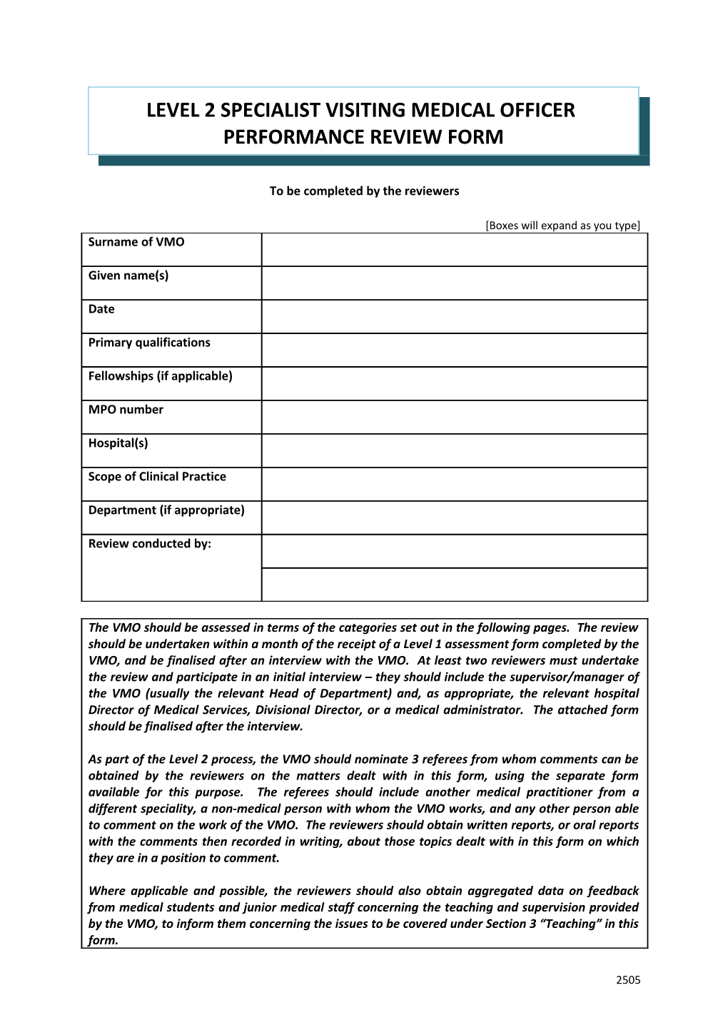 Level 2 Specialist Visiting Medical Officer Performance Review Form