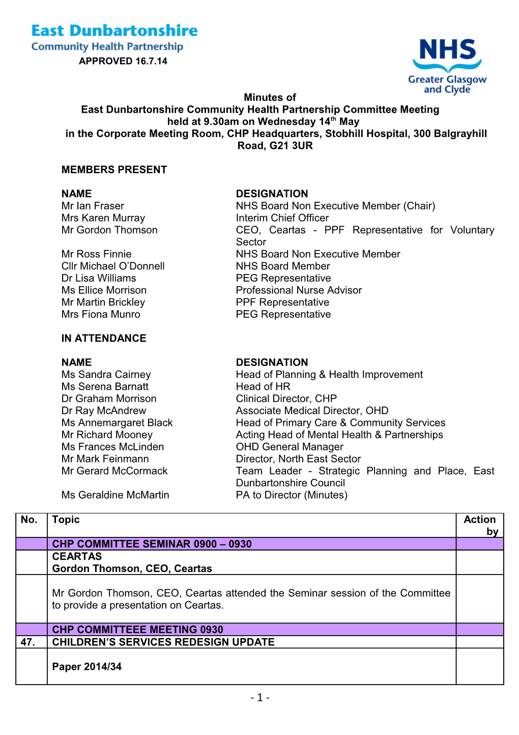 East Dunbartonshire Community Health Partnership Committee Meeting