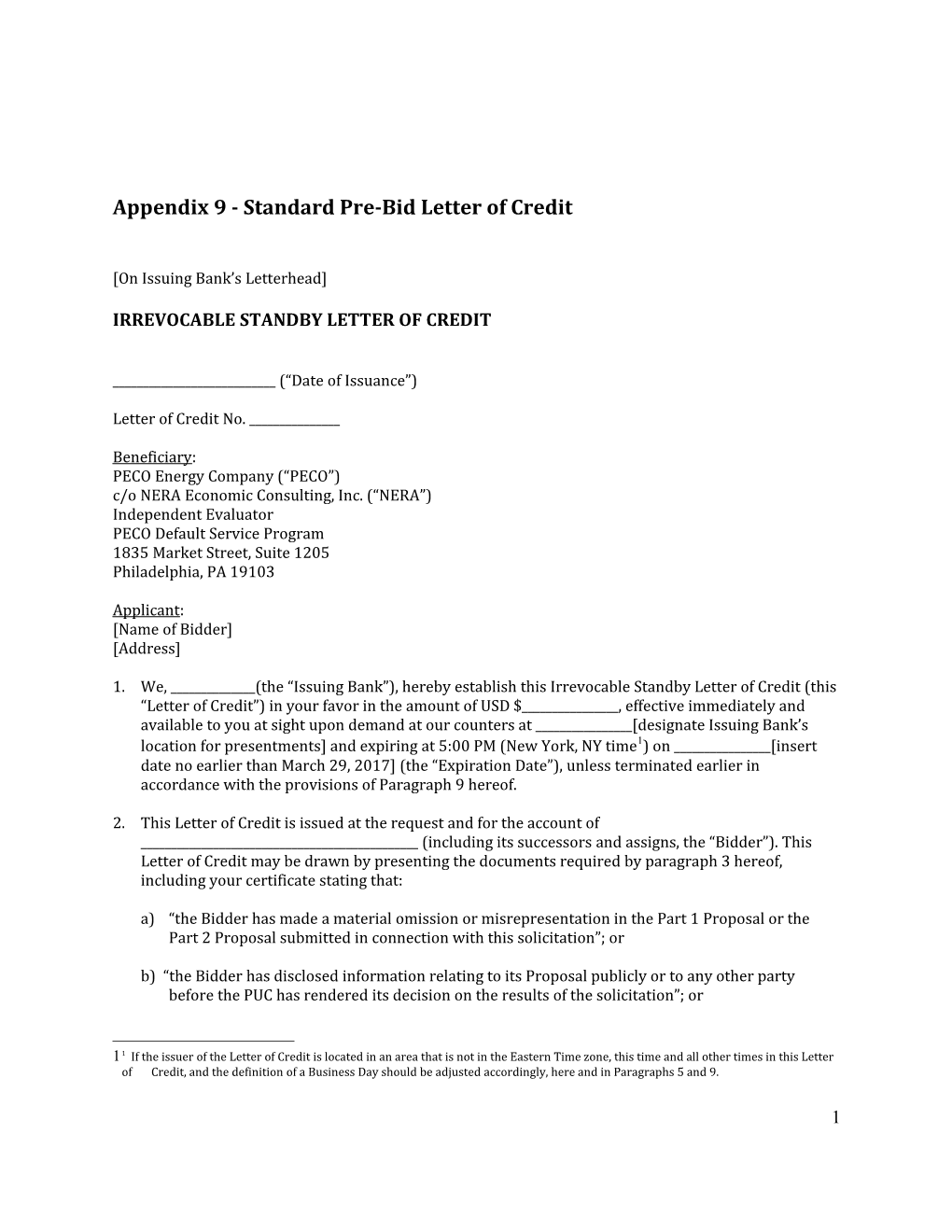 Appendix 9 - Standard Pre-Bid Letter of Credit