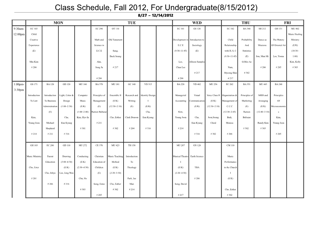 Class Schedule, Fall 2012, for Undergraduate(8/15/2012)