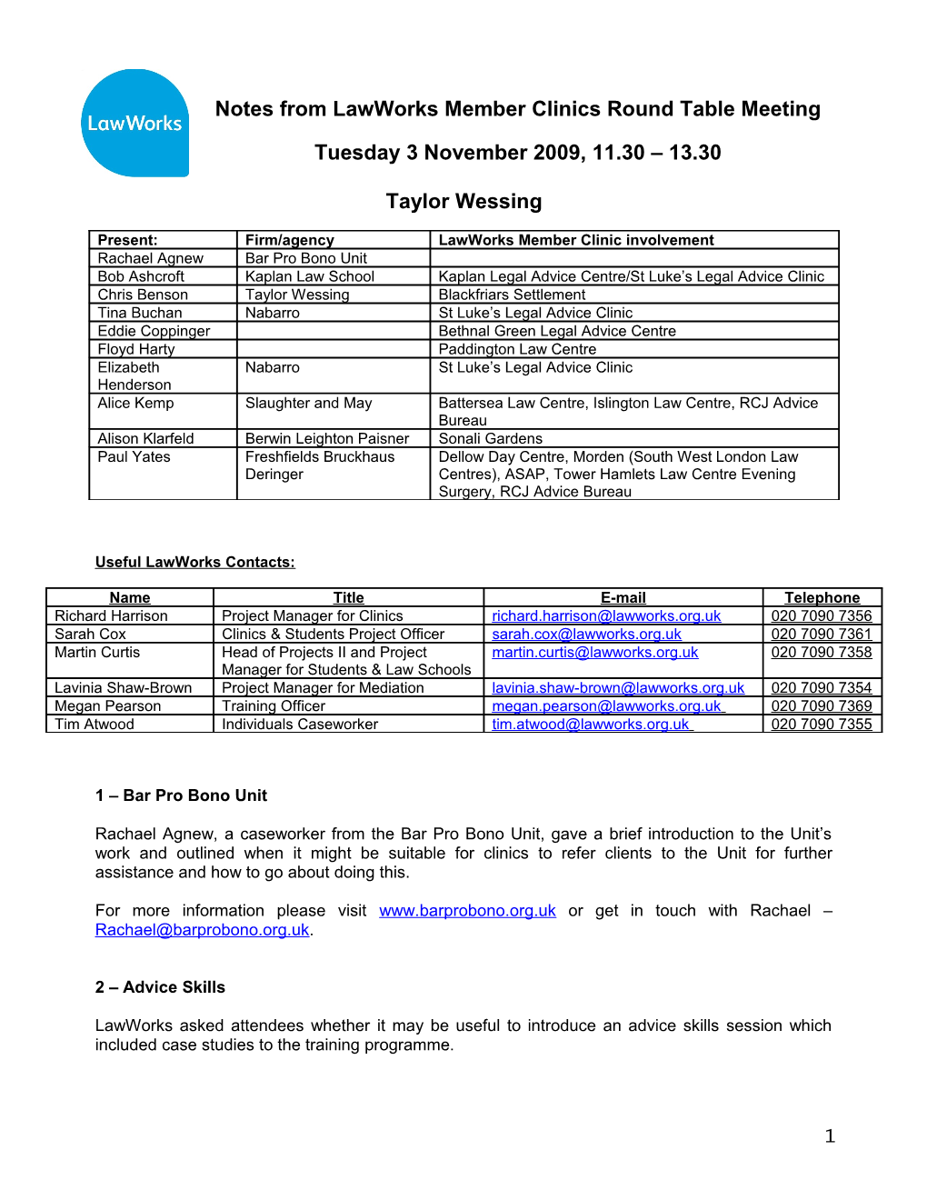 Notes of the Second Clinics Round Table Meeting