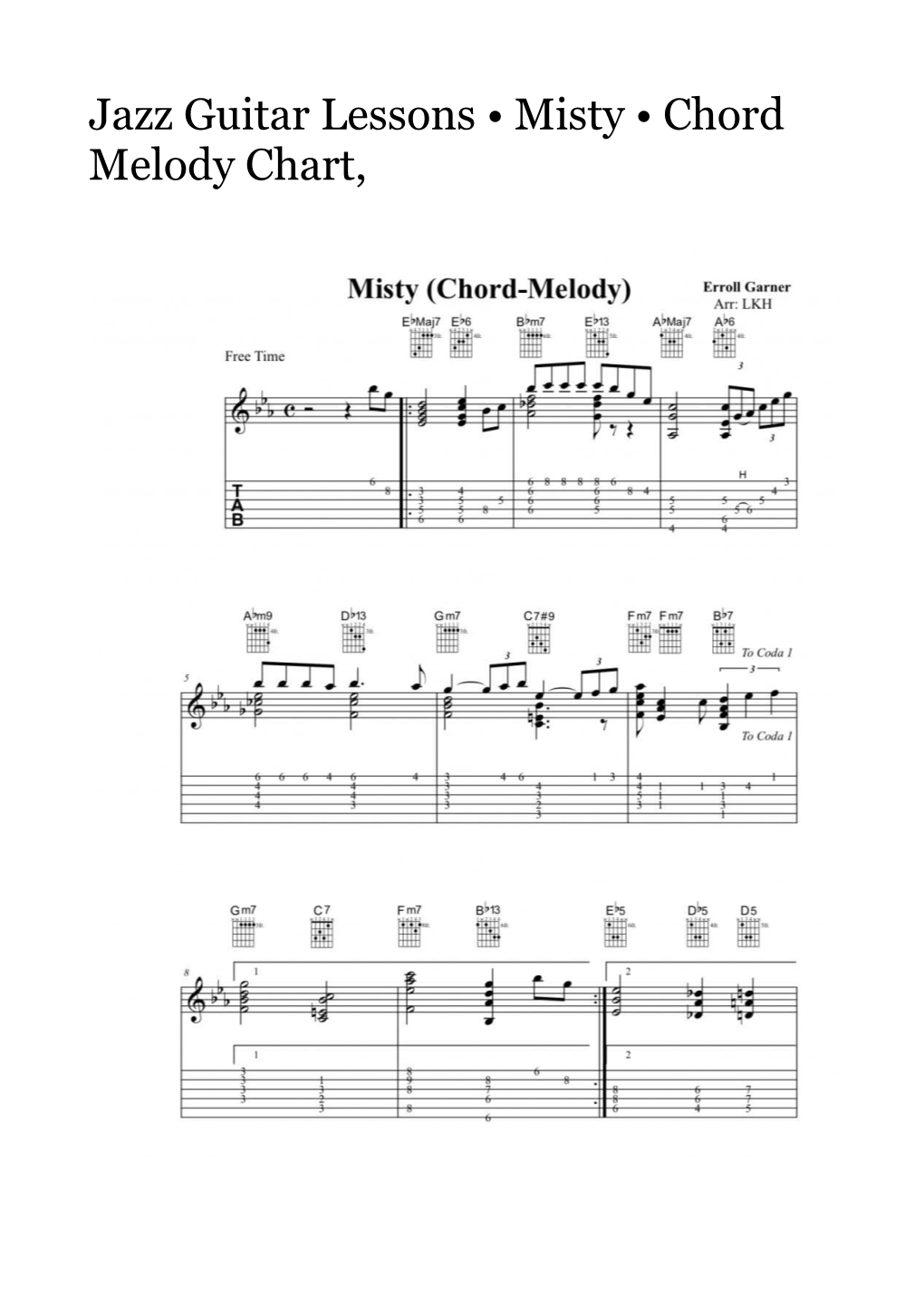 Jazz Guitar Lessons Misty Chord Melody Chart