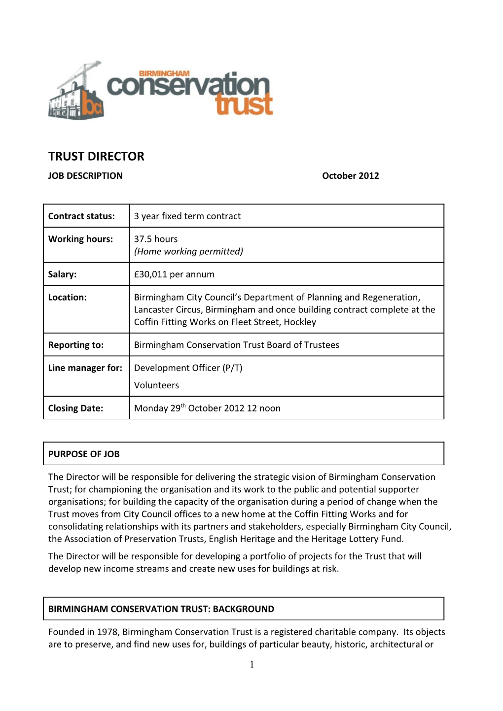 Birmingham Conservation Trust Job Description