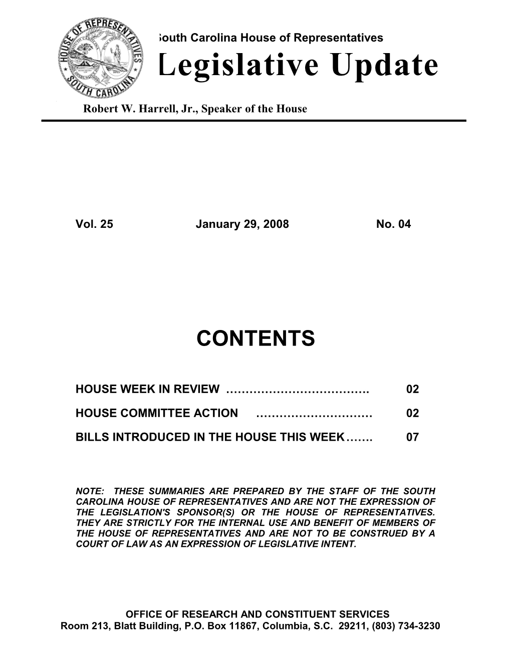 Legislative Update - Vol. 25 No. 04 January 29, 2008 - South Carolina Legislature Online