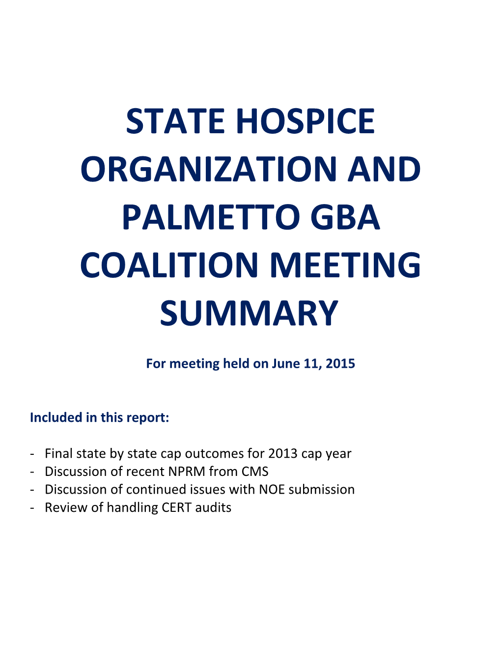 State Hospice Organization and Palmetto Gba Coalition Meeting Summary
