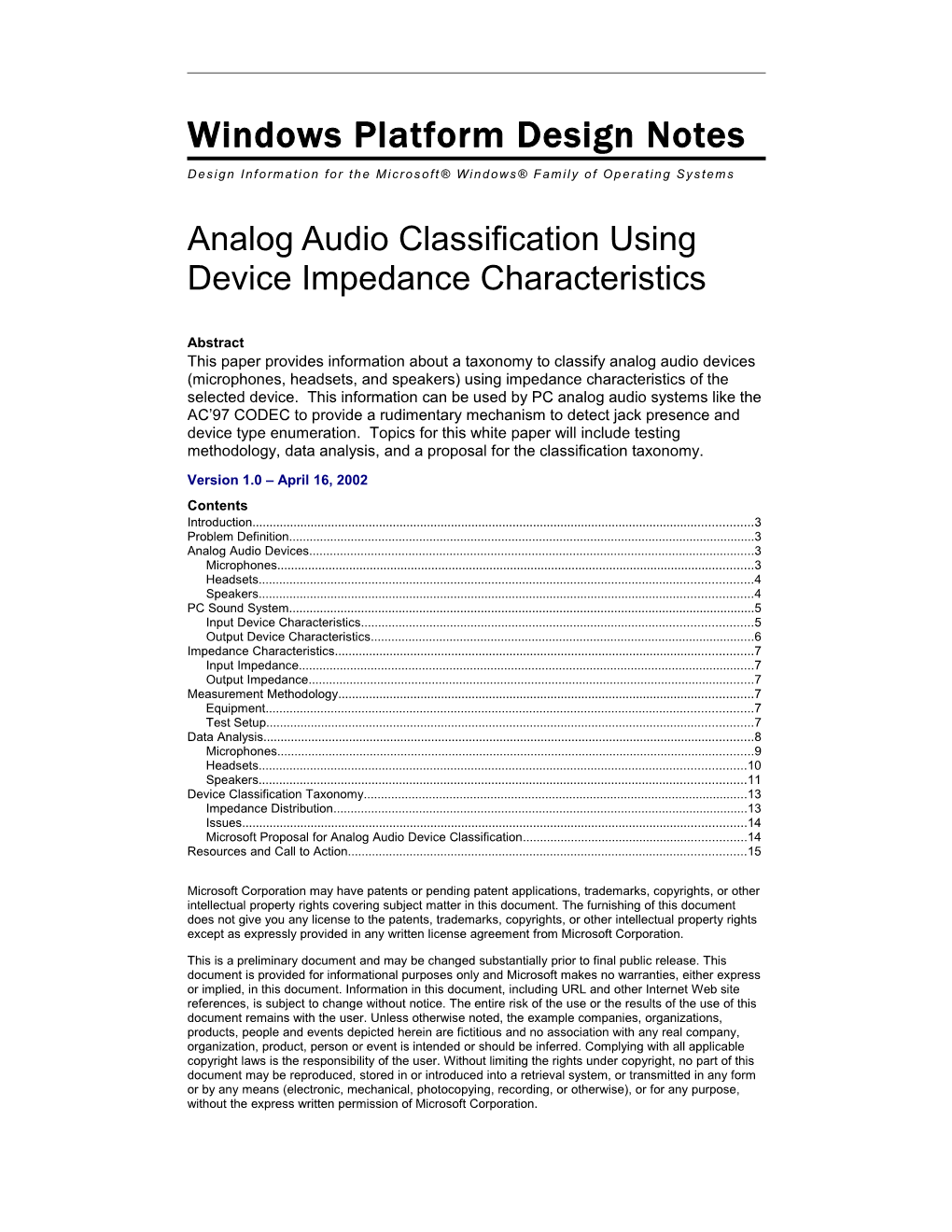 Analog Audio Classification Using Device Impedance Characteristics