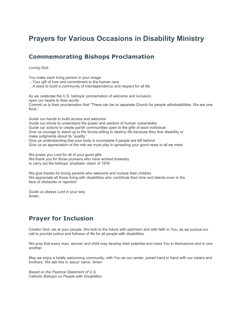 Prayers for Various Occasions in Disability Ministry