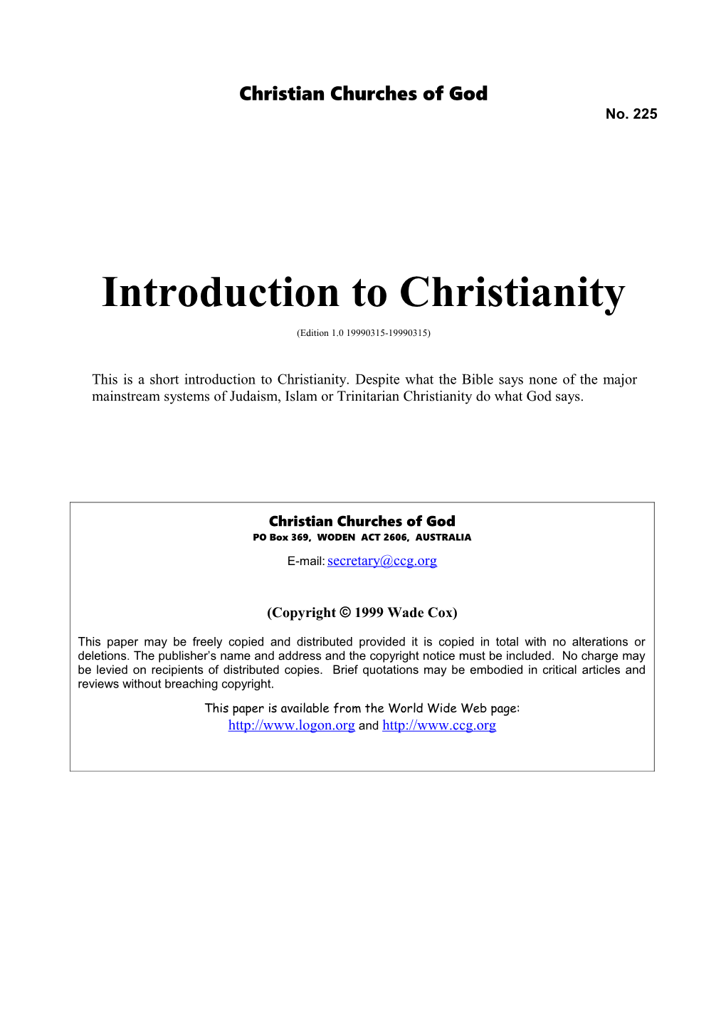 Introduction to Christianity (No. 225)