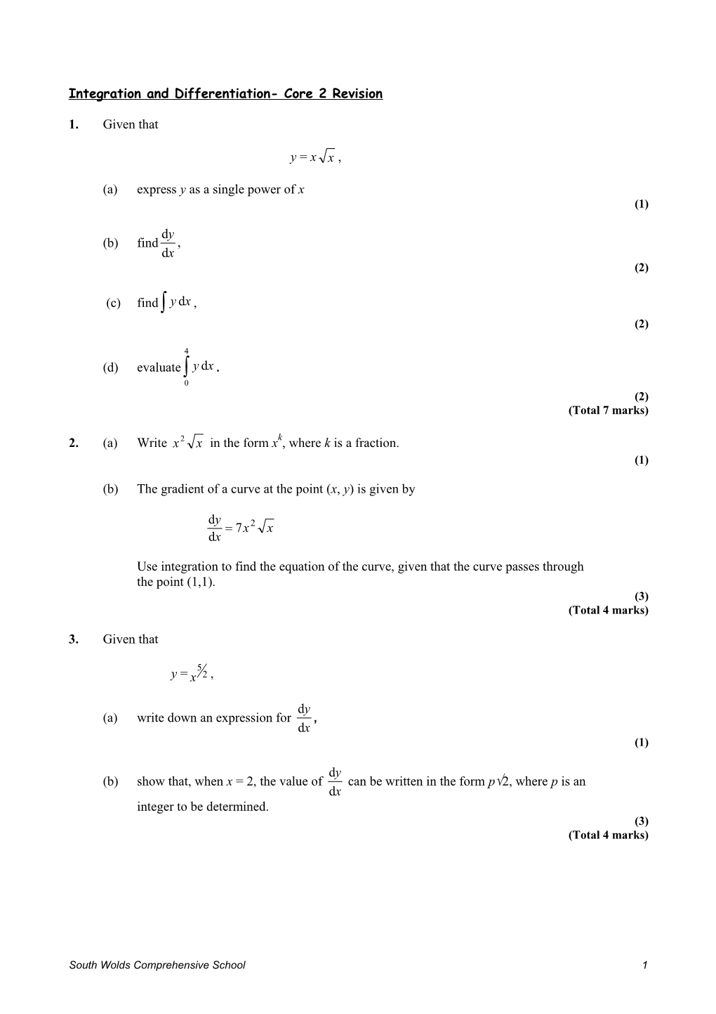 Integration and Differentiation- Core 2 Revision