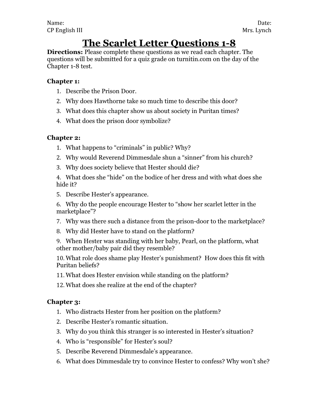 The Scarlet Letter Questions 1-8