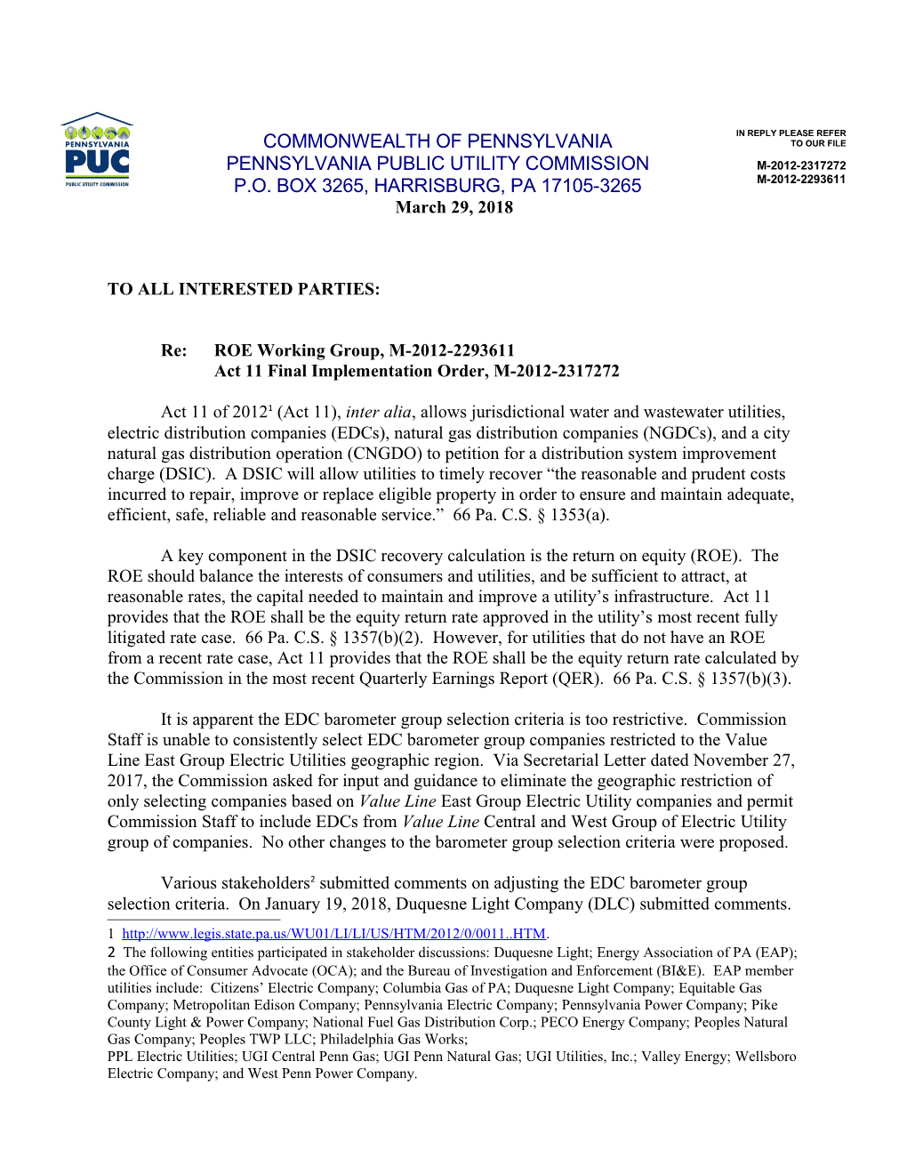 Act 11 Final Implementation Order, M-2012-2317272