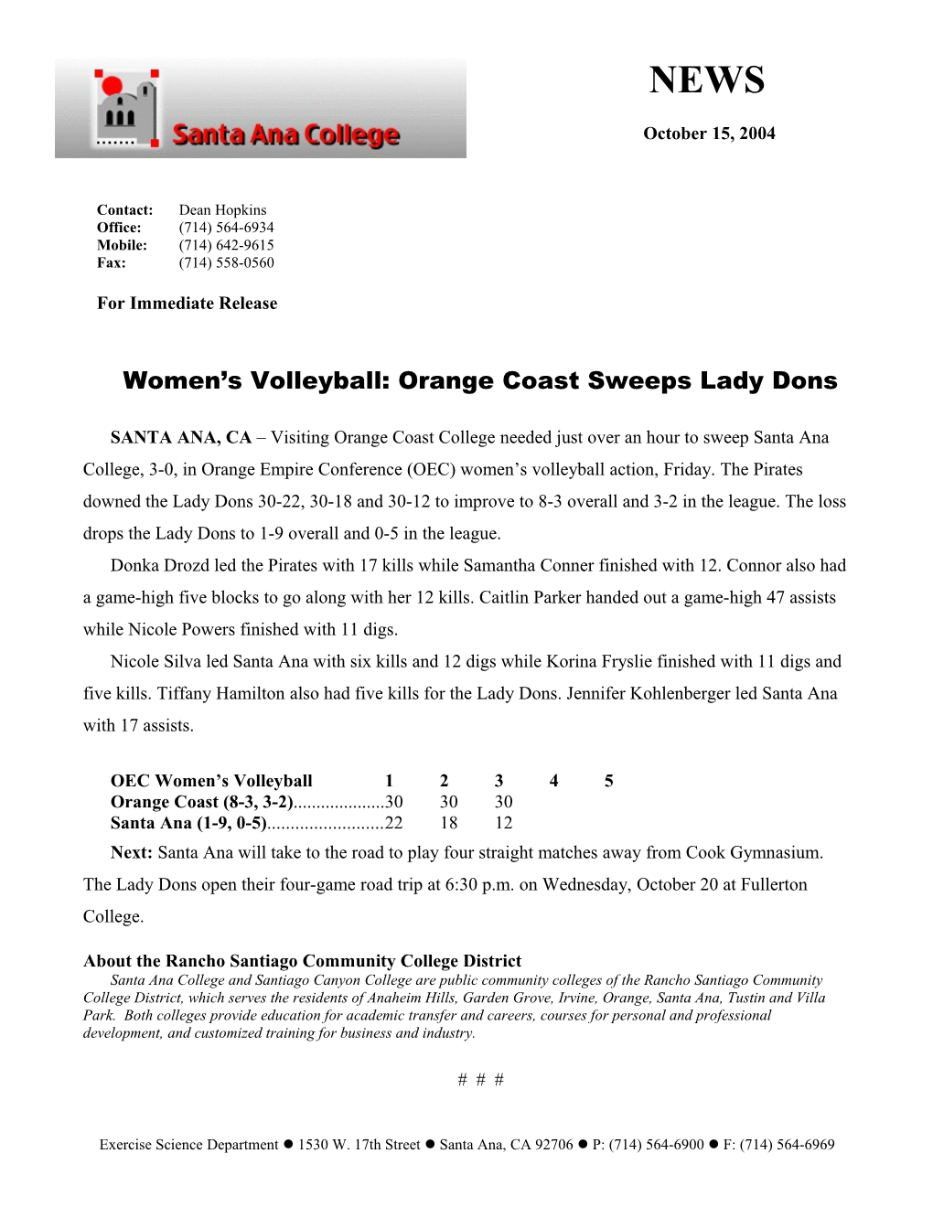 Women S Volleyball: Orange Coast Sweeps Lady Dons