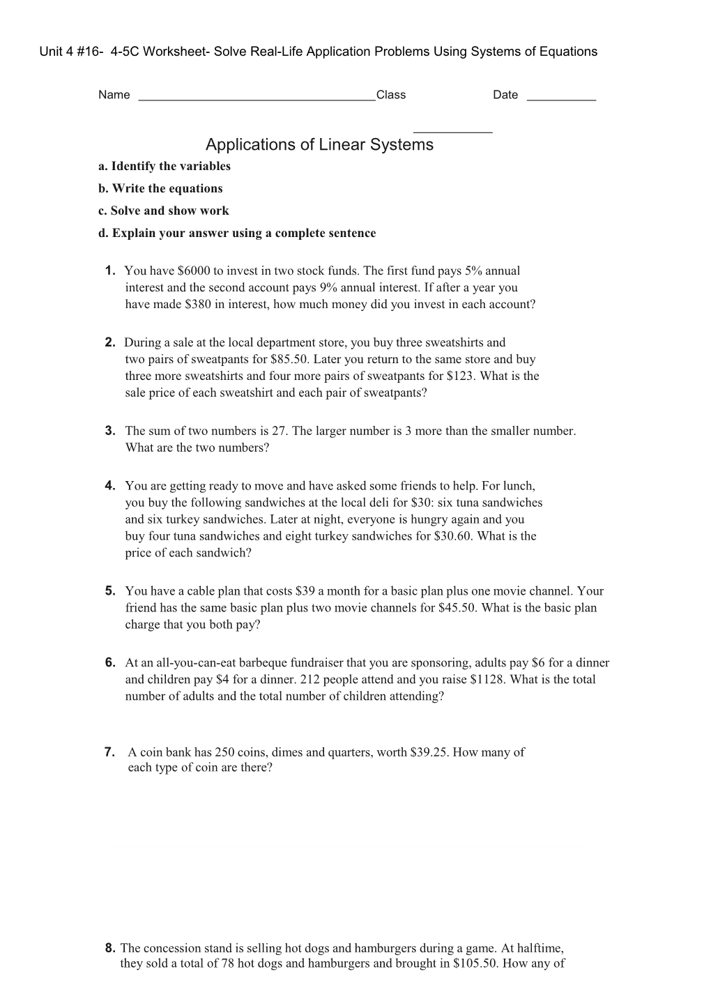 Unit 4 #16- 4-5C Worksheet- Solve Real-Life Application Problems Using Systems of Equations